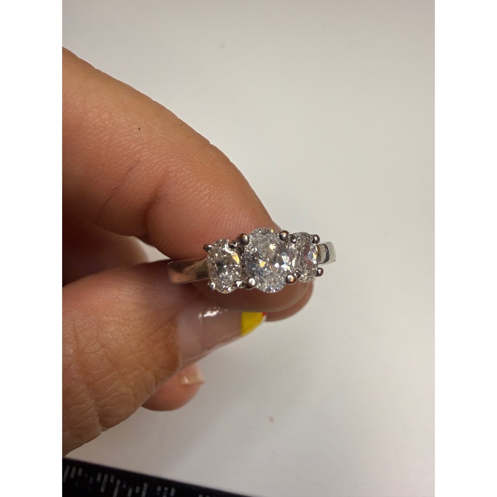 Three Stone Oval Cubic Zirconia Silver Tone Engagement Ring Size 7.25